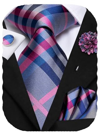 Hi-Tie Men's Navy and Pink Silk Plaid Woven Formal Tie Pocket Square Lapel Pin Cufflink Set for Wedding Party