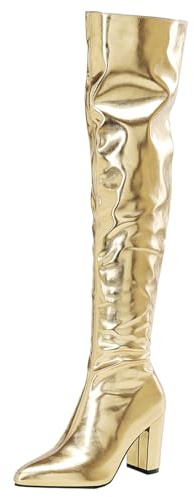 MISSUIT Damen Spitze Overknee Stiefel mit Blockabsatz Glitzer Metallic Stiefel Slouchy High Heels Langschaftstiefel Reißverschluss Schuhe(Gold,38)