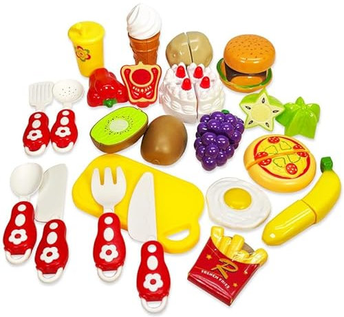 Koolbitz 20 PCs Kids Pretend Play Food Set for Kitchen with Fast Foods Burger, Pizza, Dessert, Fruit & Veggies, Role Play Food Cutting Toy, Educational Playset Gift for Children 3+ Years