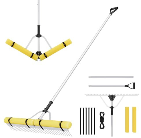 RELAX4LIFE Rastrello da Giardino/Lago per Foglie, 230 x 92 cm, Palo in Alluminio, Manico Prolungato, 36 Punte, 600cm Corda, 2 Galleggianti in Schiuma e 6 Cinghie di Fissaggio, per Lago e Giardino