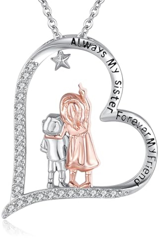 TANGPOET Schwester Halskette 925 Sterling Silber Schwester Anhänger Herz graviert, Schwestern Kette, Geburtstagsgeschenke für Schwestern Sie