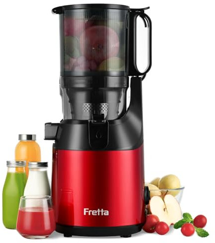 Fretta Extractor de Zumos y Verduras,Apertura de 135 MM y Capacidad de 1,8 L,Licuadora Prensado en Frio para Frutas y Verduras Enteras,250 W Juicer Machine, Sin BPA, Incluye 2 Vasos(Rojo, 1, 8L)