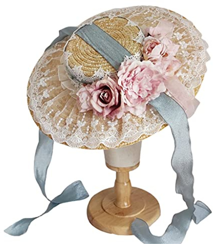 jojobasec Chapeau de paille à fleurs pour femme avec mentonnière et dentelle à volants pour chapeau de soleil, Conforme à l'image, as pics show