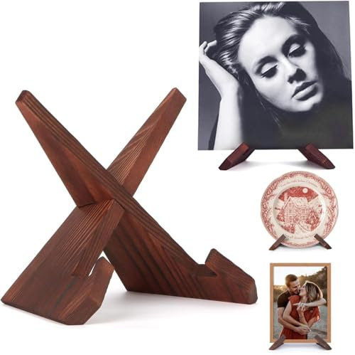Tellerständer zur Aufsteller, Hölzern Schallplattenständer, Retro Plattenständer für Schallplatten-Aufbewahrung, Buchhalter, Dekorationsständer, Bilderrahmen Halterung, Rezepthalter für Küche,Vinyl LP