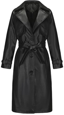 Damen Lange Lockere Lederjacke, Damen Kunstlederjacken, Trenchcoat mit Kerbkragen und Knöpfen, Schwarz , S
