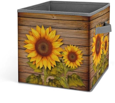 GFLFMXZW Aufbewahrungskörbe mit Sonnenblume auf Holz, zusammenklappbare Aufbewahrungswürfel mit Griffen, Spielzeugbox, Kleideraufbewahrungskorb, große Kapazität, Aufbewahrungsboxen für Zuhause