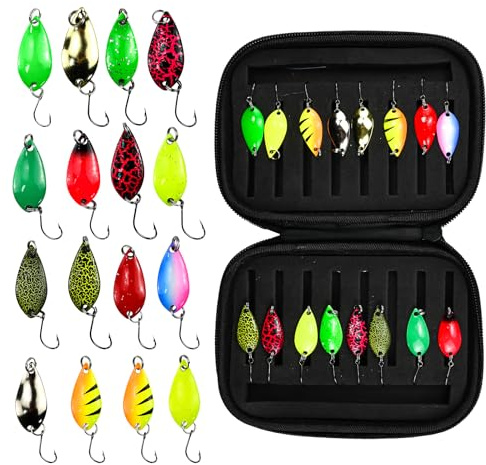 KYYGKY 16 Stück Forellen Spoon Set, 2.5g/3.5g/5g Angelköder UV-aktive Spoons Weitwurf Forellenköder Angelzubehör Kunstköder Spinner Blinker mit Aufbewahrungsbox für Forellensee & Teich