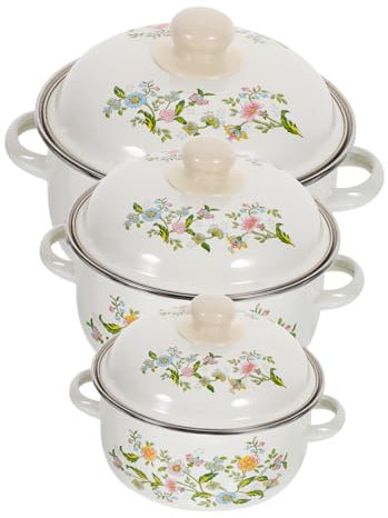 Garneck 3pcs Enamel Mini Soup Pot Set Double-Handled Cooking Pots Flat Bottom Stock for Induction and Gas Stoves Vintage Kitchen Cookware Suitable for Stews and Noodles