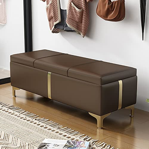 Rechteckige Ottoman-Bank aus Kunstleder mit Metallbeinen, modern, getuftet, gepolstert, Schuhbank für Wohnzimmer, Eingangsbereich, Schlafzimmer, Braun, 80 x 40 x 40 cm