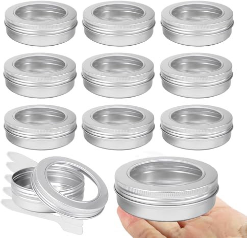 LusDoly Lot de 10 pots en aluminium 100ml – bocaux en aluminium ronde argentée D83mm x H26mm avec fenêtre couvercle pas-de-vis – boite aluminium cosmétique pour bougies, DIY, rangement, voyage