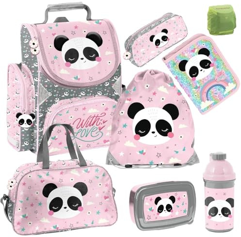 Familando - Schulranzen Set - 8-teilig mit Federmappe - Panda Bär - Ergonomisch, stabil & mit gepolstertem Rücken - 1010g leicht - 18L Volumen - Mit Reflektoren - Für Grundschule ab 1. Klasse
