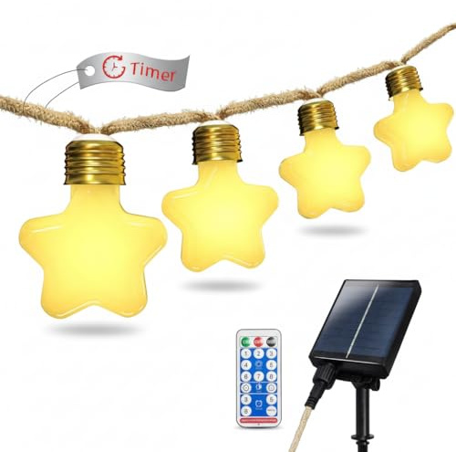 Ciskotu Solar & USB LED Stern Lichterkette Außen & Innen, Vintage Hanfseil, 8M 16 Lichter, Wetterfest, Weihnachtsdekoration für Garten, Balkon, Terrasse (Weiß)