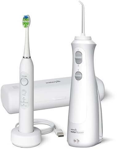 Waterpik Cordless Pearl and Sensonic Rechargeable Electric Toothbrush and Water Flosser Combo, Complete Dental Care for Teeth, Gums, Braces and Travel – ADA Accepted, White