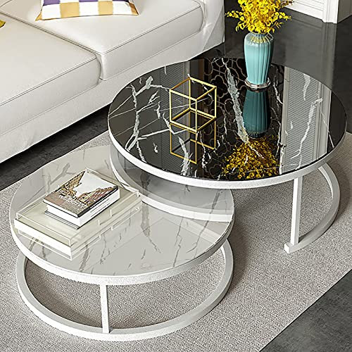 YHKJLYH 2er-Set moderner Satztische, Couchtisch, rund, Beistelltisch für Sofa, Wohnzimmer, Tischplatte aus gehärtetem Glas und schwarzer Metallrahmen, (70 cm groß und 50 cm klein)