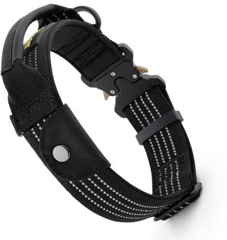 Plutus Pet Taktisches Hundehalsband mit Tracker-Paket für AirTag, verstellbares reflektierendes Nylonhalsband, Metallschnalle, mit Leder umwickelter Griff, weich gepolstert für mittelgroße große Hunde