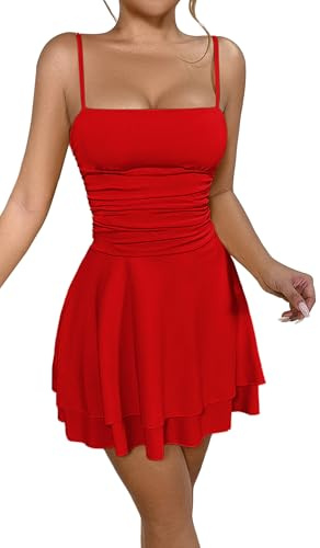 SEAUR Damspagettiremmar bodycon miniklänning med rynkning sexig rygglös tajt cami-klänning med kort volangfåll, röd, XS