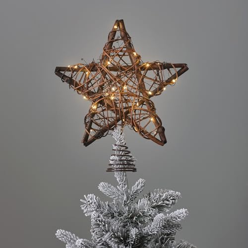 Lights4fun Beleuchtete natürliche Stern-Weihnachtsbaumspitze | Batteriebetrieben & mit Timer | Mikro-LEDs | Weihnachten Christbaumspitze Weihnachtsstern Baum Topper | Rattan | 30 x 25 cm