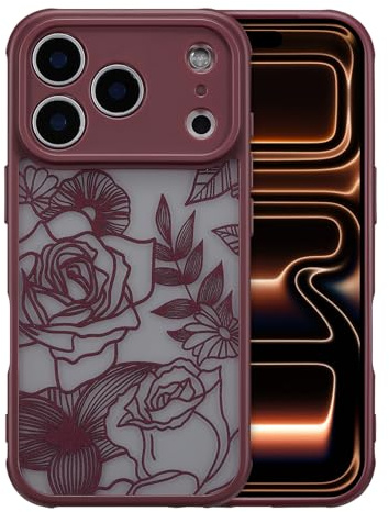 XIZYO Niedlich Rose Blume Hülle für iPhone 17 Pro 6,3 Zoll, Wein Rot | Ästhetisch Rose Floral Muster, Luxus Vintage Mädchen Stil, Schlanke Dünne, Matt Transluzent Gestaltung, Stoßfest Anti-Gelb
