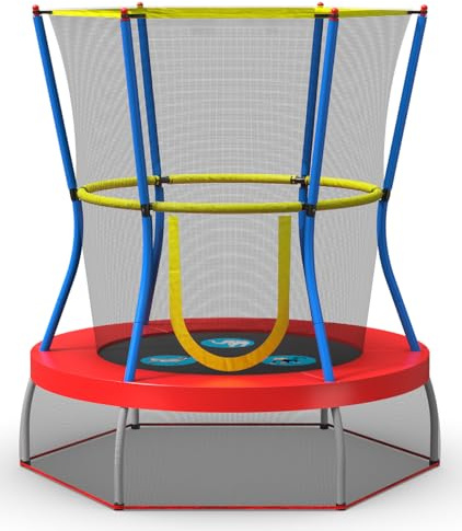 SKYWALKER TRAMPOLINES 48” Round, Indoor Outdoor Mini Trampoline for Kids Toddler Bouncer with Enclosure Net, Padded Frame, Cover and Handlebar, No-Gap Safe Design, Zoo Adventure