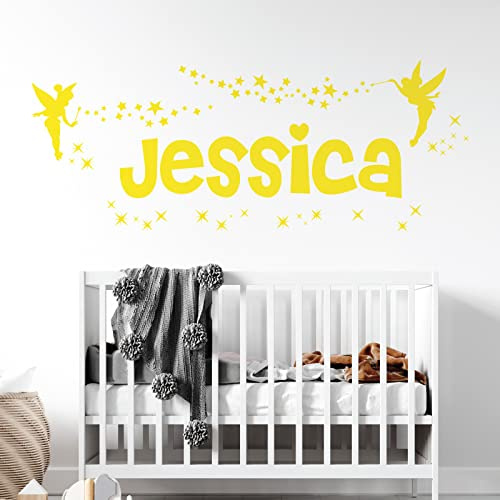Personalised Name Girls Wall Art Sticker - Fairies Fairy Disney Tinkerbell and Stars [Large] [Lemon]