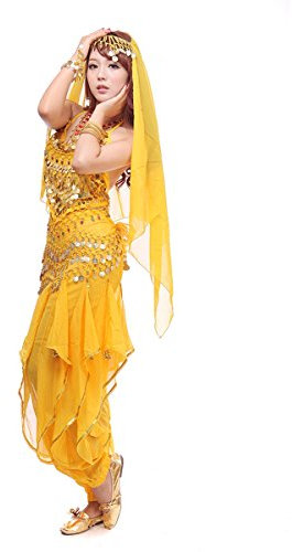 Best Dance, Bauchtanz-Kostüm-Set, 4-teilig, mit Oberteil, Hose, Hüftschal, Schleier und mit Münzen