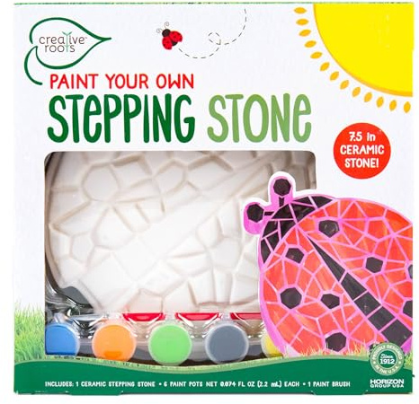 Creative Roots Mosaic Ladybug Stone, Includes 7-Inch Ceramic Stepping Stone & 6 Vibrant Paints, DIY Garden Stepping Stone Kit for Kids Ages 6+