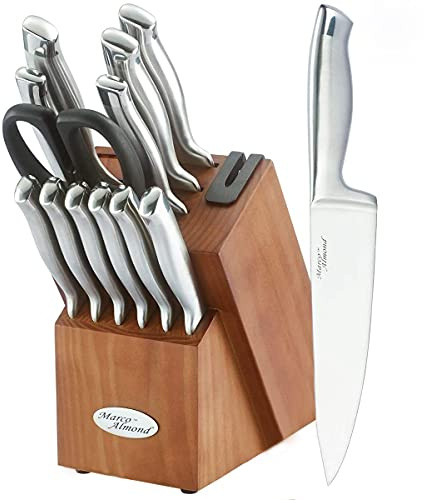 Marco Almond® Knife Block Set, KYA26 Knife Set with Block, 14 Pieces Stainless Steel Chef Kitchen Knives with Built-in Sharpener