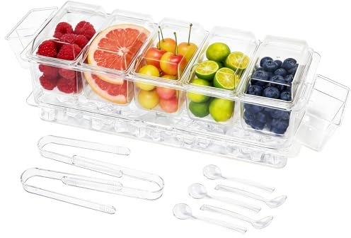 IVYHOME Chilled Condiment Server, Taco Bar Serving Set, Mimosa Bar Supplies, with 5 Lidded Containers and Detachable Ice Storage Layer, 2 Hanging Cups for Storing Tong or Forks
