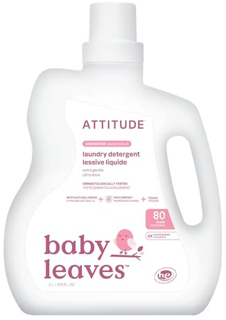 ATTITUDE Baby Laundry Detergent Liquid, EWG Verified, Safe for Baby Clothes, Infant and Newborn, Vegan and Naturally Derived Washing Soap, HE Compatible, Unscented, 80 Loads, 67.6 Fl Oz