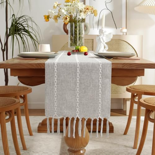 Wracra Baumwoll Leinen Tischläufer Bauernhaus Stil Grau Tischläufer 180cm mit Handquasten für Partys, Esszimmer-Dekorationen, Dessert-Tischdekoration(Leichter Grau, 180cm)