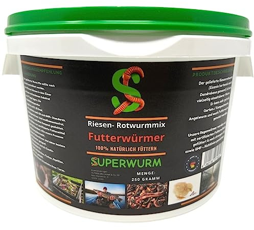 SUPERWURM Futterwurm-Mix 250g (ca.300 St.) - Der Riesen-Rotwurmmix mit lebenden Futterwürmern I Gesunde & nachhaltige Fütterung Ihrer Fische, Reptilien, Hühner, Schildkröten, Vögel
