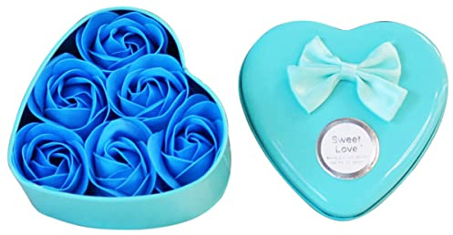 Cozylkx 6pcs Fleur Savon Rose Parfumé Bain Corps Pétale Floral Savon Parfumé En Forme De Coeur Boîte-cadeau(Bleu)