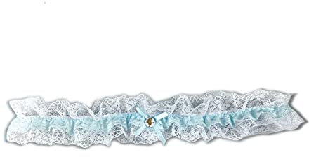 Pet-Jos Strumpfband für die Braut Strumpfbandspitze mit blauem Band und Kristall in der Mitte Strumpfband-Brautschmuck Hochzeits-Strumpfbandbraut, White, Blue, Einheitsgröße
