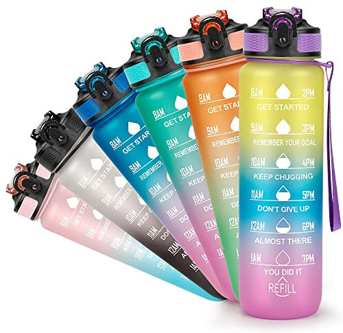 YC Kitchen Borraccia 1 Litro Motivazionale con Segnatempo, Bottiglia Sportiva Senza BPA a Prova di Perdite con Cannuccia