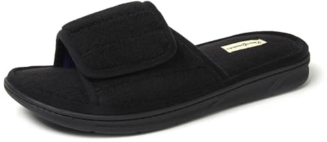 Dearfoams Men's Adjustable Indoor/Outdoor Memory Foam Machine Washable Summer Slide Slipper, Black, 9-10