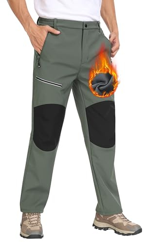 MoFiz Pantaloni Escursionismo Uomo Softshell Pantaloni da Sci Trekking Montagna Invernali Antivento Funzionali Pantalone da Lavoro Calda Fodera in Pile con Tasche a Zip A- Verde Militare EU XXL