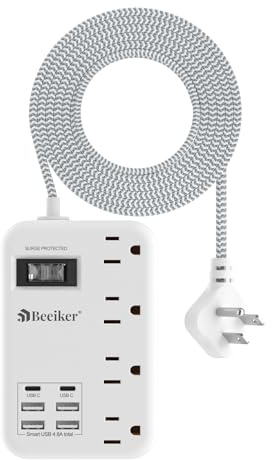 6 USB(2 USB C) Surge Protector Power Strip- 5Ft Travel Power Strip with 4.8A USB Charging Station and 4 Extendable Outlet, 13A Flat Plug Braided Extension Cord with Wall Mount for Travel Office Dorm
