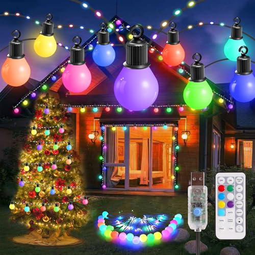 Greenclick LED Lichterkette Außen 12,5M USB RGB Weihnachten Lichterkette 20 G40 Glühbirnen + 100 LED Lichterketten IP65 Wasserdicht 12 Modi Deko für Garten, Halloween, Weihnachten, Hochzeit, Party