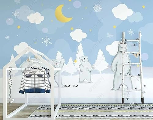 Fototapete 3D Effekt Tapeten 3D Cartoon Eisbär Sternenhimmel Wolken Kinder Tapete Fototapeten Vlies Wandtapete Wohnzimmer Schlafzimmer Wand Schmücken 300Cm(W)*210Cm(H)