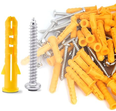 DC VOLTAGE 50 Pcs Wall Plugs and Screws 6 x 40 mm Set Concrete Fixings Screws and Wall Expansion Anchors Plugs Kit or Wall Hanging and Mounting TV Mount Drywall Self Tapping Screws and Wall Plugs pack