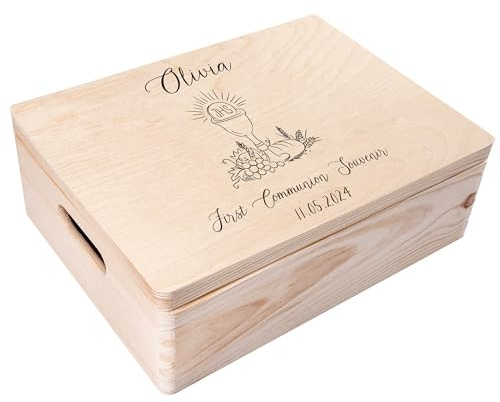 Creative Deco Personalisiert Kommunion/Jugendweihe Geschenke für Mädchen und Jungen - Holzkiste | Kelch Motiv | Individuelle Geschenk Erinnerungsbox | Erstkommunion Deko