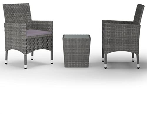 Makastle Gartenmöbel 3er Set, Sitzgruppe im Garten und Balkon, Kleiner Gartenlounge Gartengarnitur mit 2 Stühlen und 1 Tisch, Bistroset für Balkon Garten Veranda, Poly Rattan und Hartglas Grau