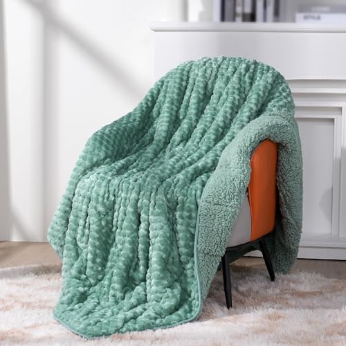 Topblan Sherpa Gewichtsdecke für Erwachsene, weiche, gemütliche Jacquard-Fleece-Gewichtsdecken, Doppelgröße, 6,8 kg, dicke, schwere Decke zum Schlafen, 122 x 183 cm, Salbeigrün