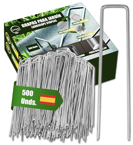 GREENGOF Grapas para Malla Antihierba, Cesped Artificial y Jardin, 500Unds - Acero Galvanizado, 15x4cm, Ø3mm - Ultra Resistentes y Anticorrosivas - Piquetas de Jardín, Anclaje al Suelo.