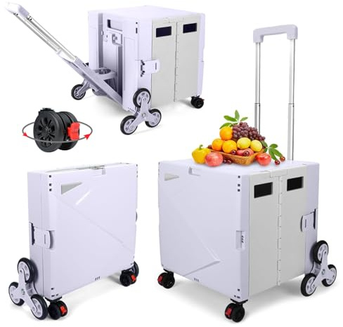 FELICON Folding Climber Utility Cart,Rolling Crate,Tote on Rotate Wheels with Adjustable Handle,Hidden Lid,Cup Holder,Storage Bin for Teacher,Office,File,Move,Shop,Travel,Laundry,Grocery(Purple Gray)