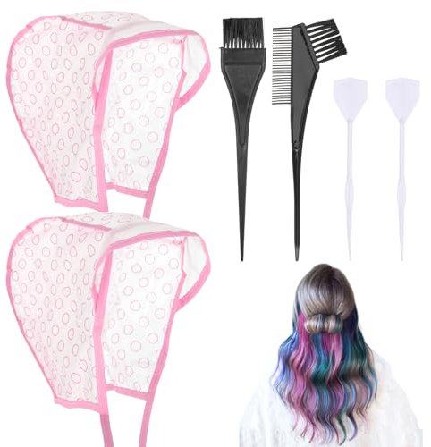 Bewudy 2 Set Hervorhebung Kappe, Einstellbar Färbung Hervorhebung Kappe mit Haarfärbepinsel Kunststoffhaken, Highlight Haar Kappe Strähnenhaube Haarefärben Zubehör für Zuhause Salon Haarfarbe (Rosa)