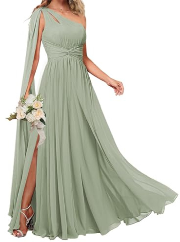 KURFACE Abito da damigella d'onore da donna, monospalla, con mantello, fessura laterale, in chiffon, lungo, formale, per invitata al matrimonio, Verde salvia, 40