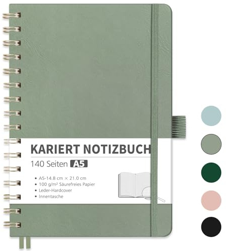 RETTACY Notizbuch A5 kariert, Bullet Journal mit 100 g/m² Dickem Papier, 70 Blatt, Collegeblock für Büro und Schule, Lederhülle, Hellgrün, 14.8 cm x 21 cm