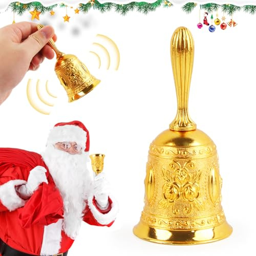 Hyran Cloche Noël, Sonnette à Main, Fabriquée en Alliage de Zinc de Haute Qualité, Cloche du Pere Noel, Décoration de Noël, Cadeau, Convient pour la Décoration de la Maison, Bar, Restaurant (Or)