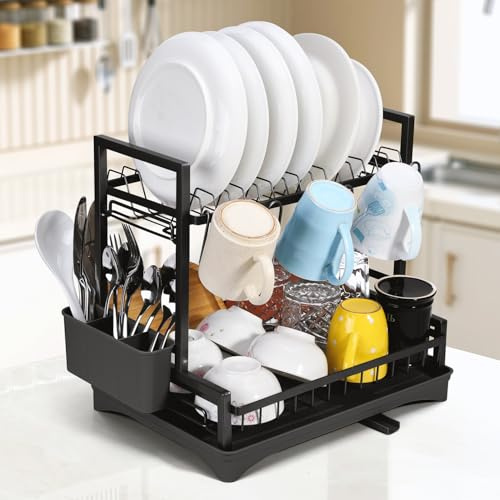 Vinsani Dish Drying Drainer Rack 2 Tier Space Saving Dish Rack Modern Kitchen Drying Rack with Cutlery Holder Auto Drainage System Dish Draining Rack for Kitchen Countertop (Black)